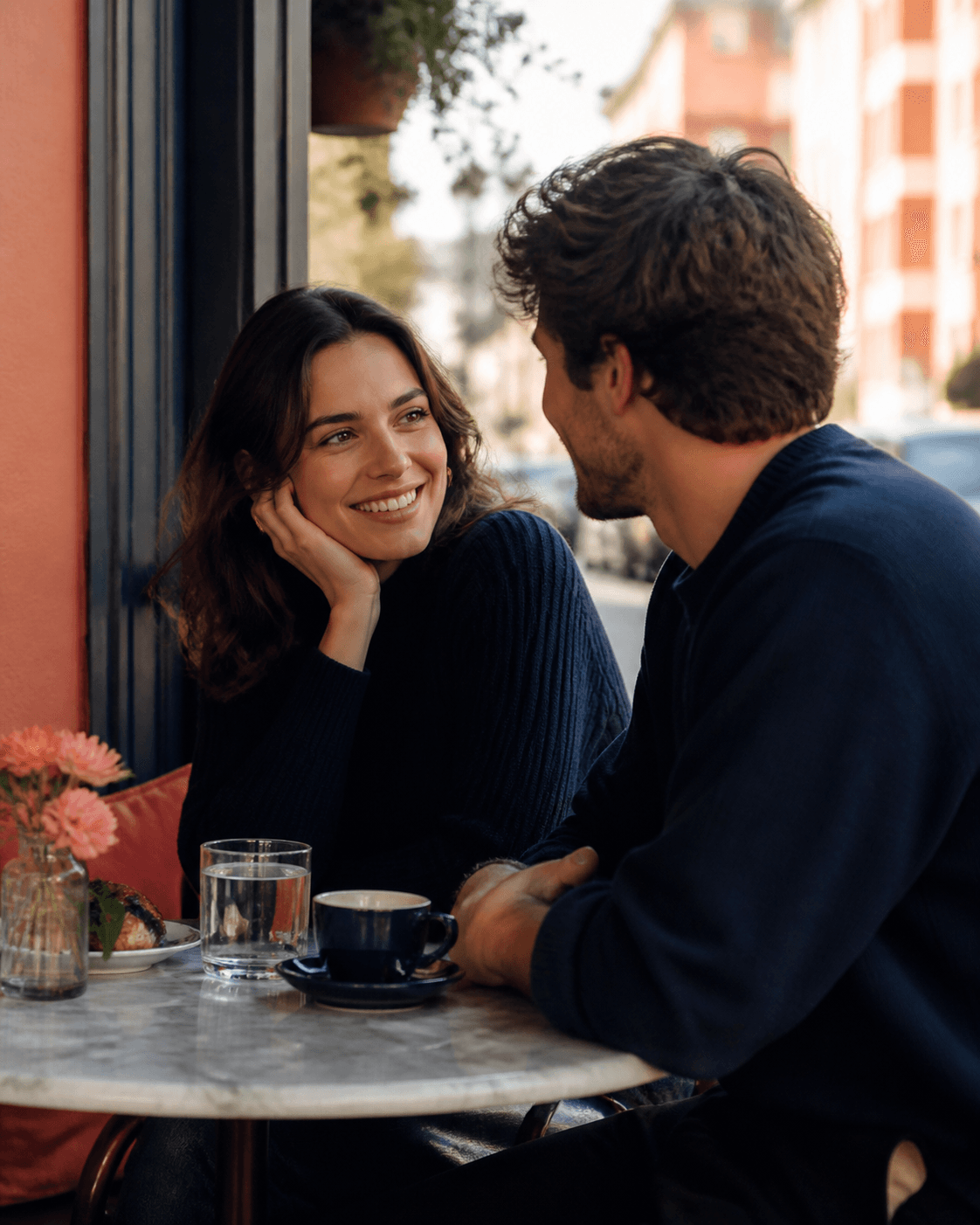 Two people having a relaxed conversation at a cafe