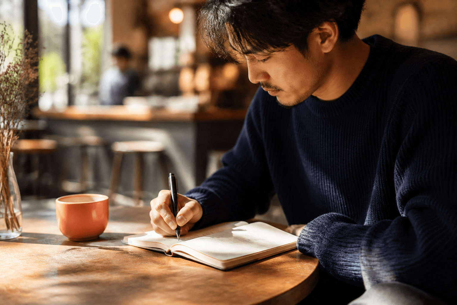 A person writing a thoughtful note in a cafe